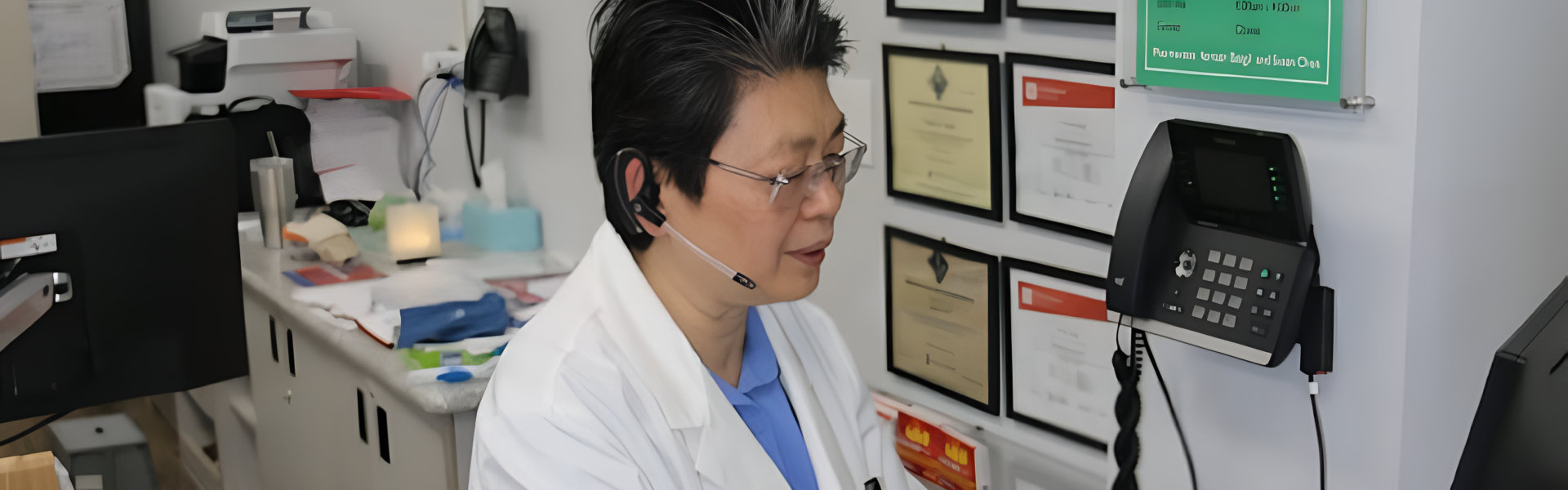 A woman in a white lab coat is engaged in a phone conversation